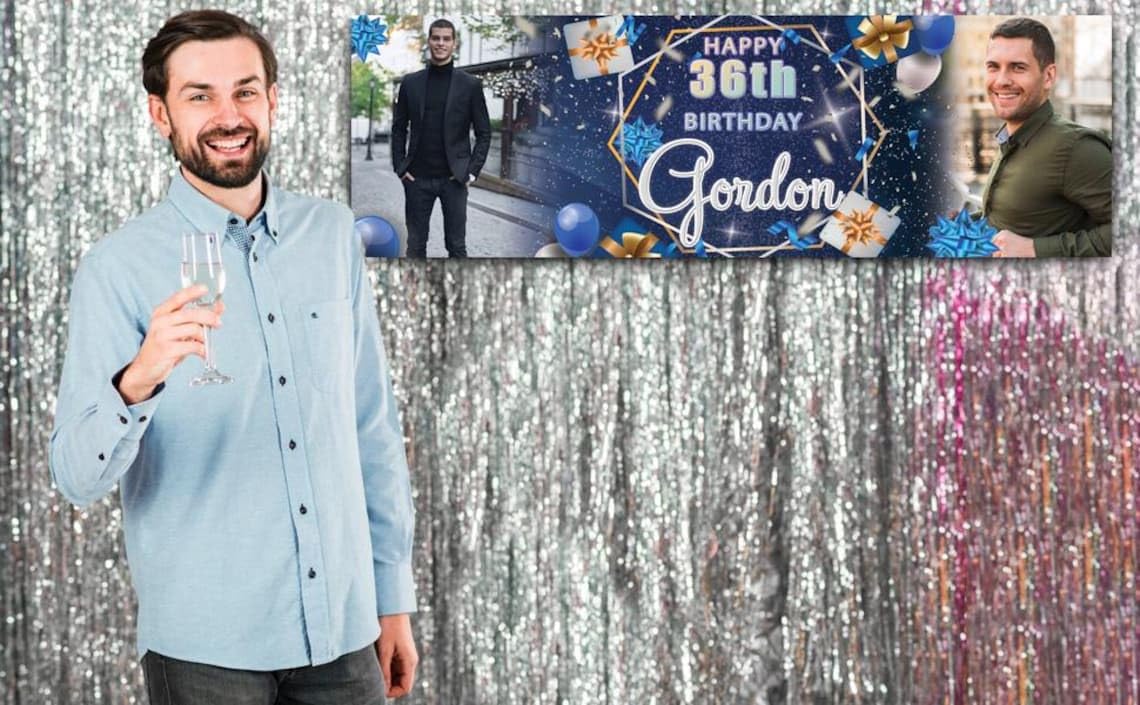 Personalisierbares Geburtstagsbanner für den Außenbereich, 91 x 3 m, benutzerdefinierter Foto-Name, blau-weißer Luftballon, Mann, Frau, Kinder, benutzerdefiniertes Vinyl-Partyschild, wasserdichte