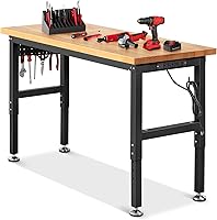 ENJOYWOOD 60x22 Adjustable Height Heavy Duty Workbench with Pegboard & Power Outlets - 2500lbs Rubberwood Top for Garage Workshop Office