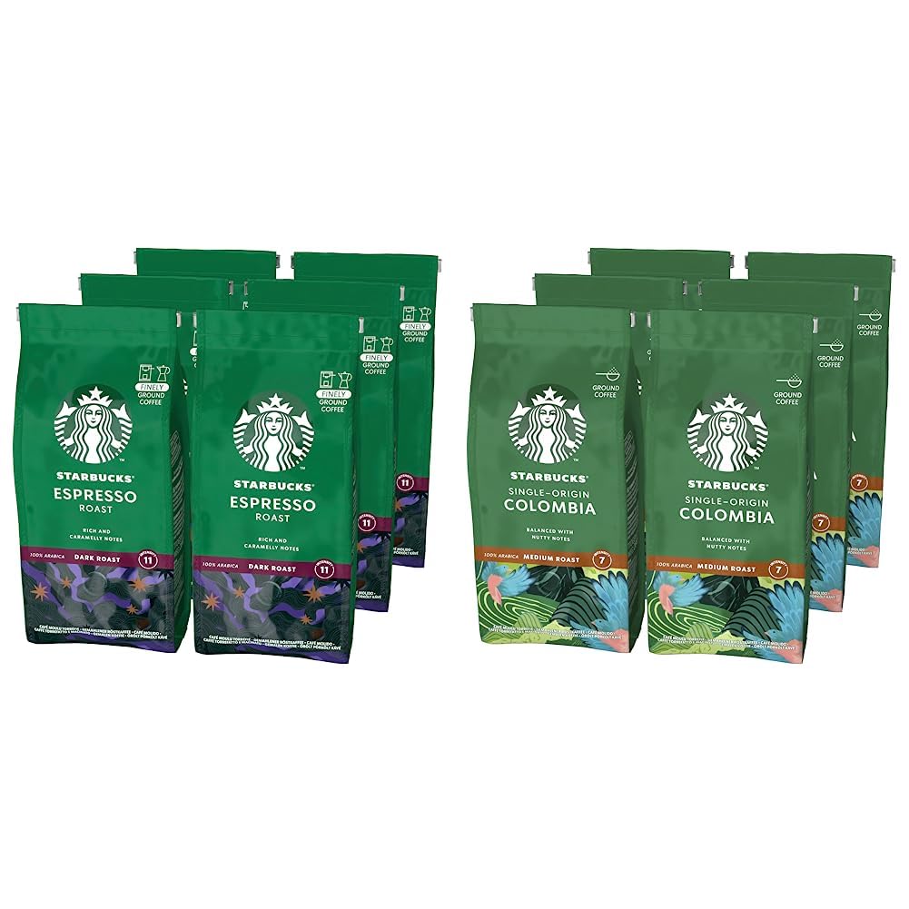 STARBUCKS Espresso Roast, Tueste Intenso, Café Molido 200g (6 Bolsa) & Single-Origin Colombia, Tueste Medio, Café Molido 200g (6 Bolsa)