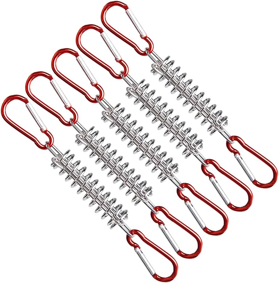 Camping Gear, 5 Pcs Steel Tent Rope Tightener with Carabiner Clips Cord Adjuster Tensioner Outdoor Camping Pegs Spring Tent Buckle