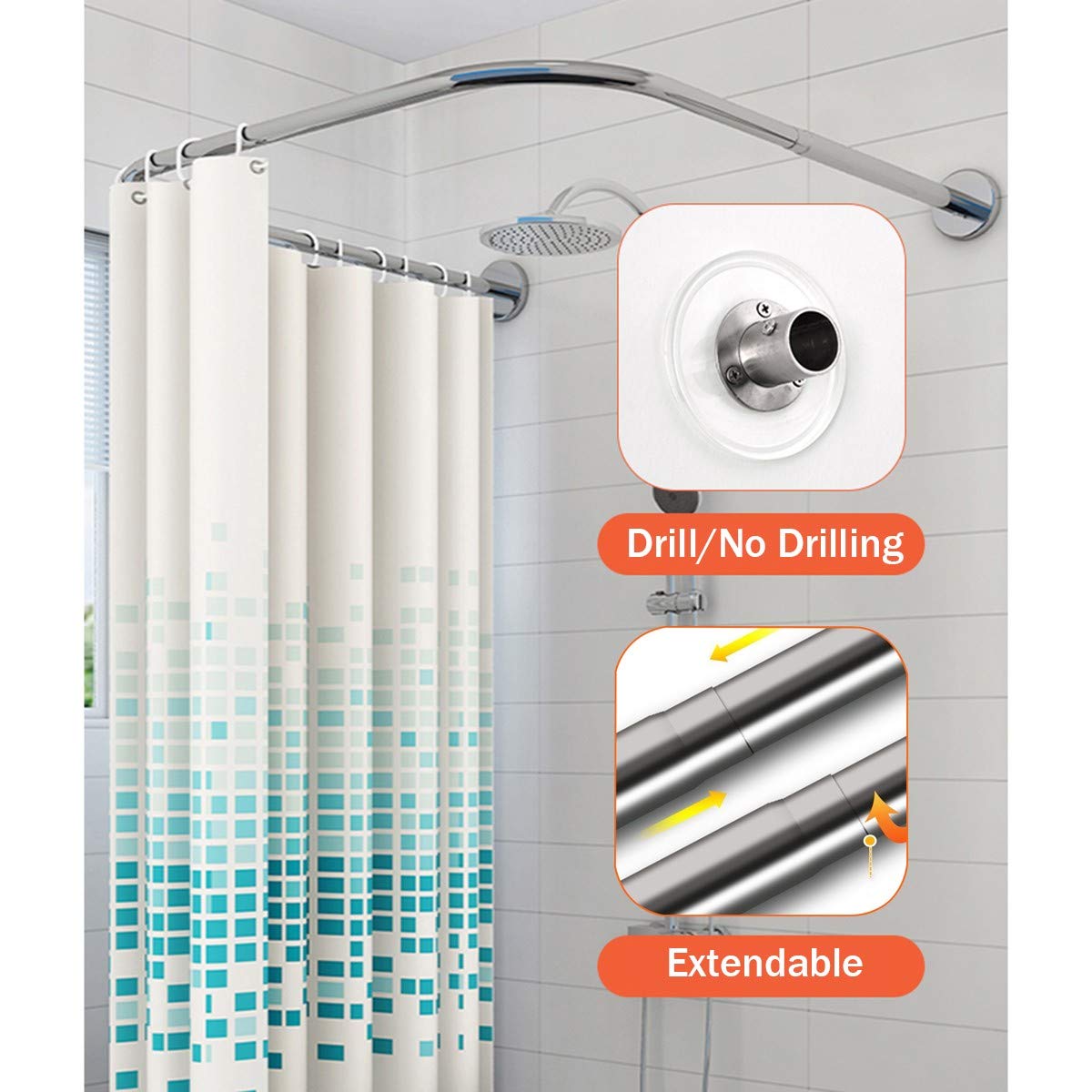 Barra de ducha curvada ajustable, soporte para barra de ducha sin taladro, para baño, vestidor, tienda de ropa al aire libre, fácil instalación, diseño que ahorra espacio