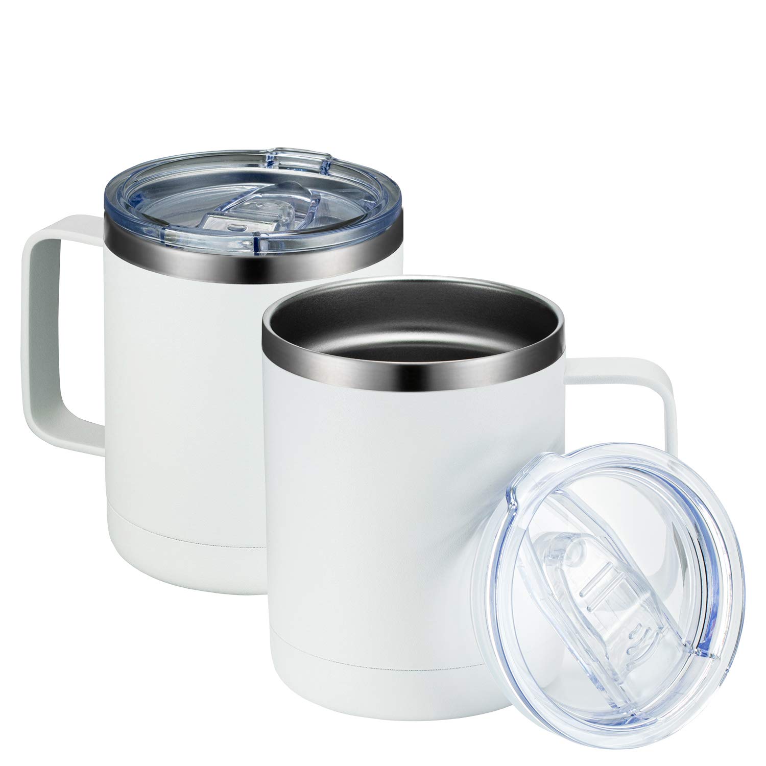 MEWAY Kubek do kawy 350 ml z uchwytem 2 sztuki, izolowane kubki podróżne ze stali nierdzewnej z przesuwaną pokrywką, próżniowy kubek kempingowy z podwójną ścianką do gorących i zimnych napojów herbaty (biały, zestaw 2 szt.)