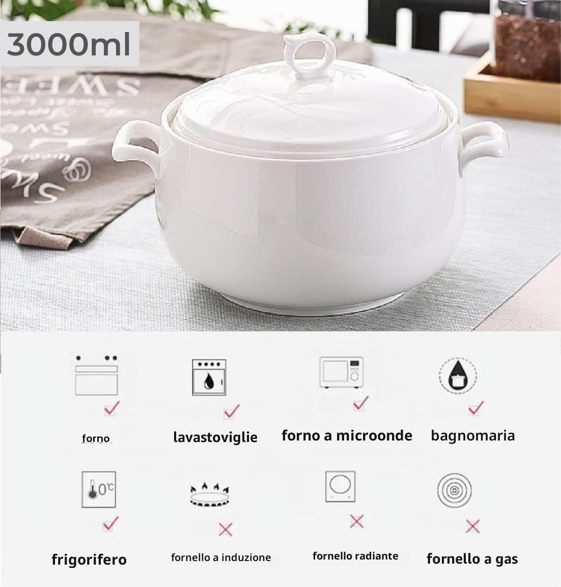 Zuppa in ceramica con coperchio, 3L di grande capacità, con doppi manici per cucina, porcellana, bianco puro, adatto al microonde e alla lavastoviglie (tipo 1)