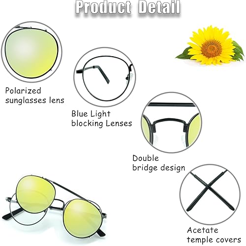 Miniatura 4 de Lentes de sol con clip de doble lente sobre gafas graduadas, lentes de sol con espejo para marco redondo retro, juego de clip, Marco negro C6