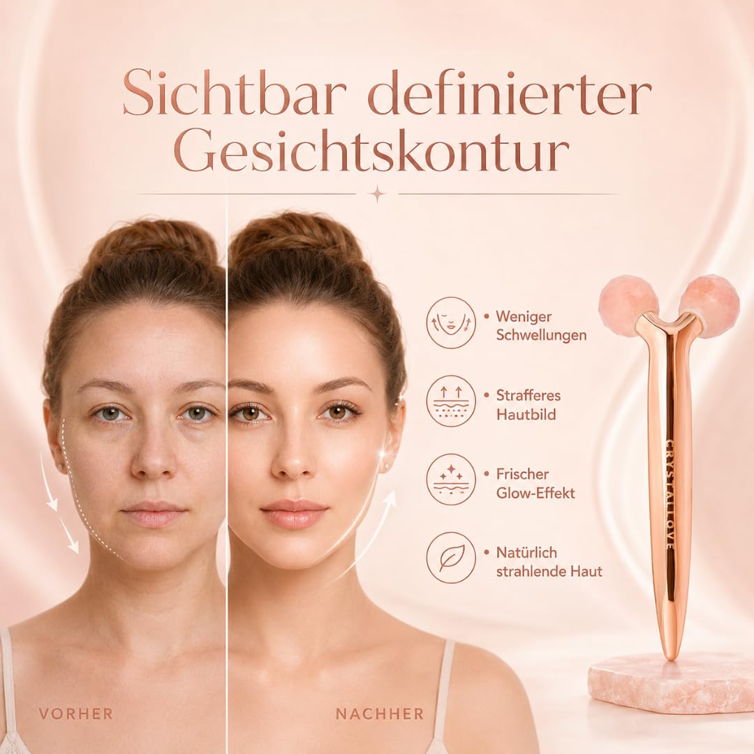 CRYSTALLOVE 3D Rosenquarz Gesichtsroller – Gesichtsmassagegerät für Lifting & Anti Aging – Massage Roller gegen Schwellungen & Augenringe – Beauty Tool für Gesicht, Hals & Dekolleté