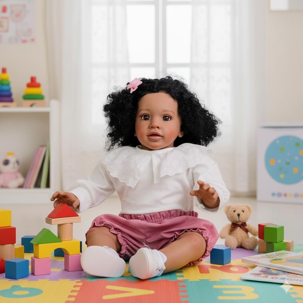 Pinky Lifelike Black Reborn Baby Dolls 26 Inch 68cm Baby Soft Body Realistic Newborn Baby Doll with Hair African American Real Life Baby Dolls Cloth Body Toy for Kids Age 3+