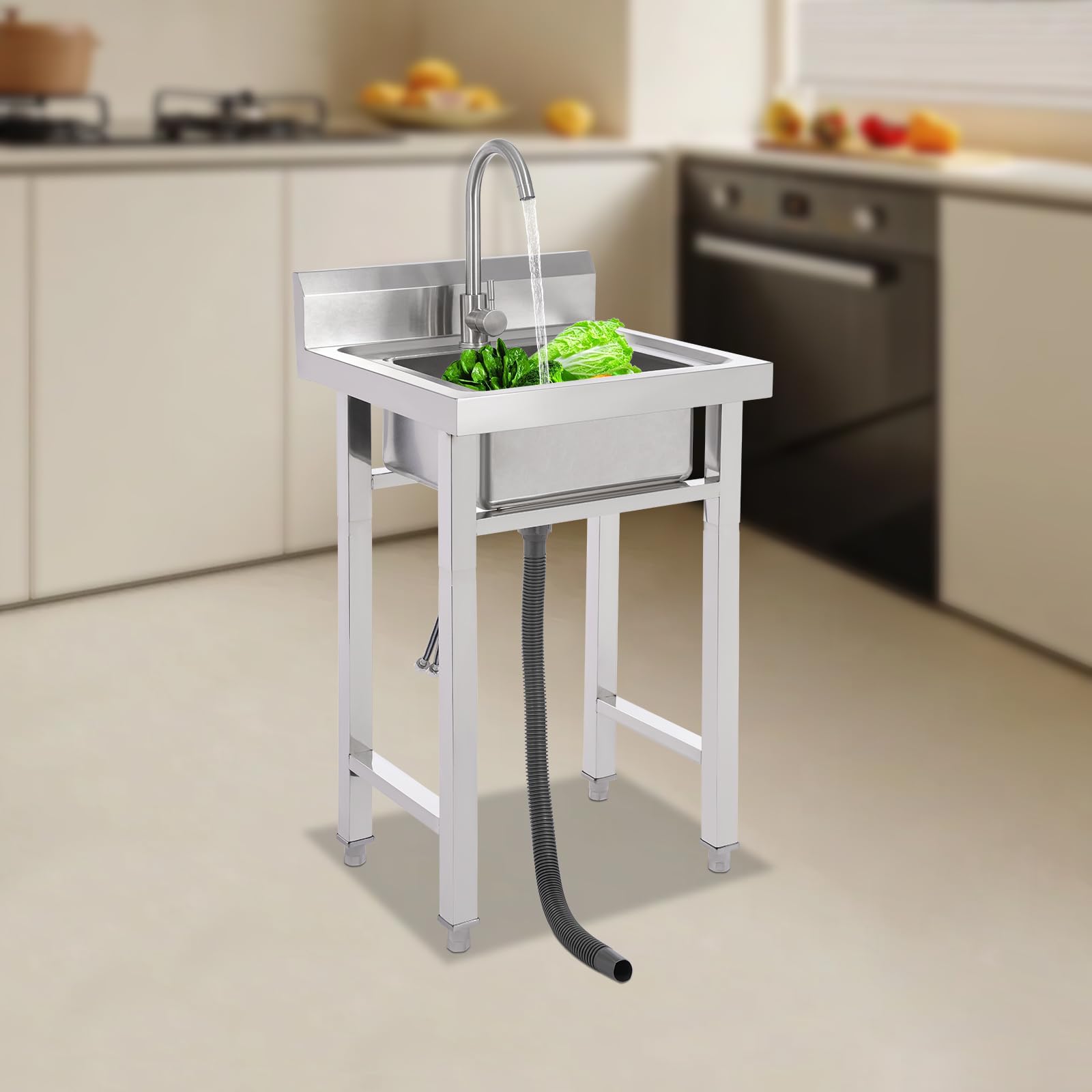 Évier de cuisine commercial sur pied avec robinet rotatif à 360° - En acier inoxydable - Pour nettoyer la vaisselle - 50 x 50 x 93 cm