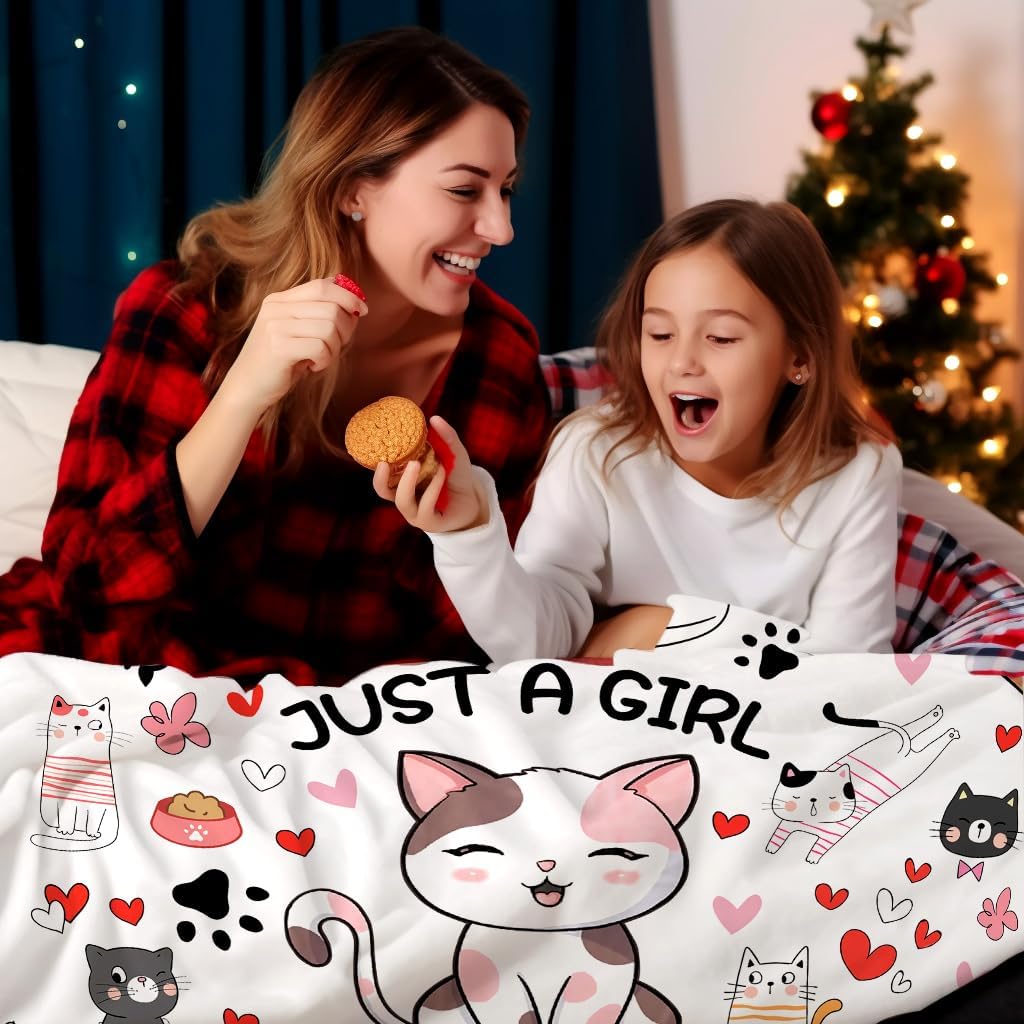 Cat Mom Blanket Just A Girl Who Loves Cat Throw Blanket Gifts for Cat Lovers Soft Flannel Animals Pet Pattern Gift for Kids Adults 80"X60"