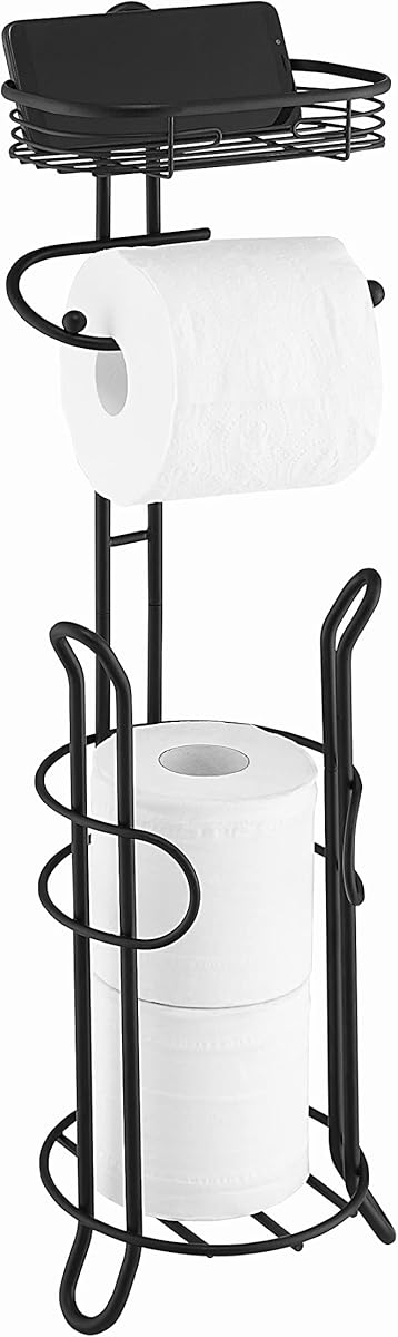SunnyPoint Bathroom Heavyweight Toilet Tissue Paper Roll Storage Holder Stand with Reserve and Shelve, The Reserve Area Has Enough Space to Store Mega Rolls. (Black)
