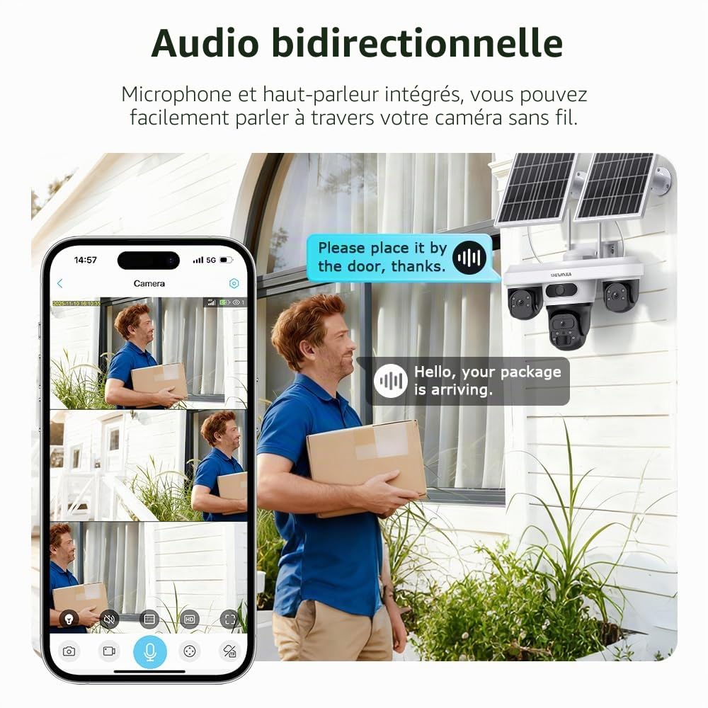 SHIWOJIA Caméra de sécurité solaire AOV 4G LTE 24h/24, 7j/7, 360° avec carte SIM, batterie sans fil CCTV avec détection de mouvement PTZ, sirène lumineuse instantanée alerte, étanchéité IP66