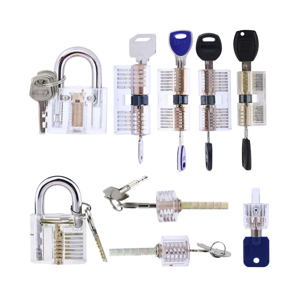 Loboo Idea 9-Piece Practice Lock Set for Beginner and Pro Locksmiths, 9 Pack Clear Padlock Visible Cutaway Keyed Padlock Lock Picking Set