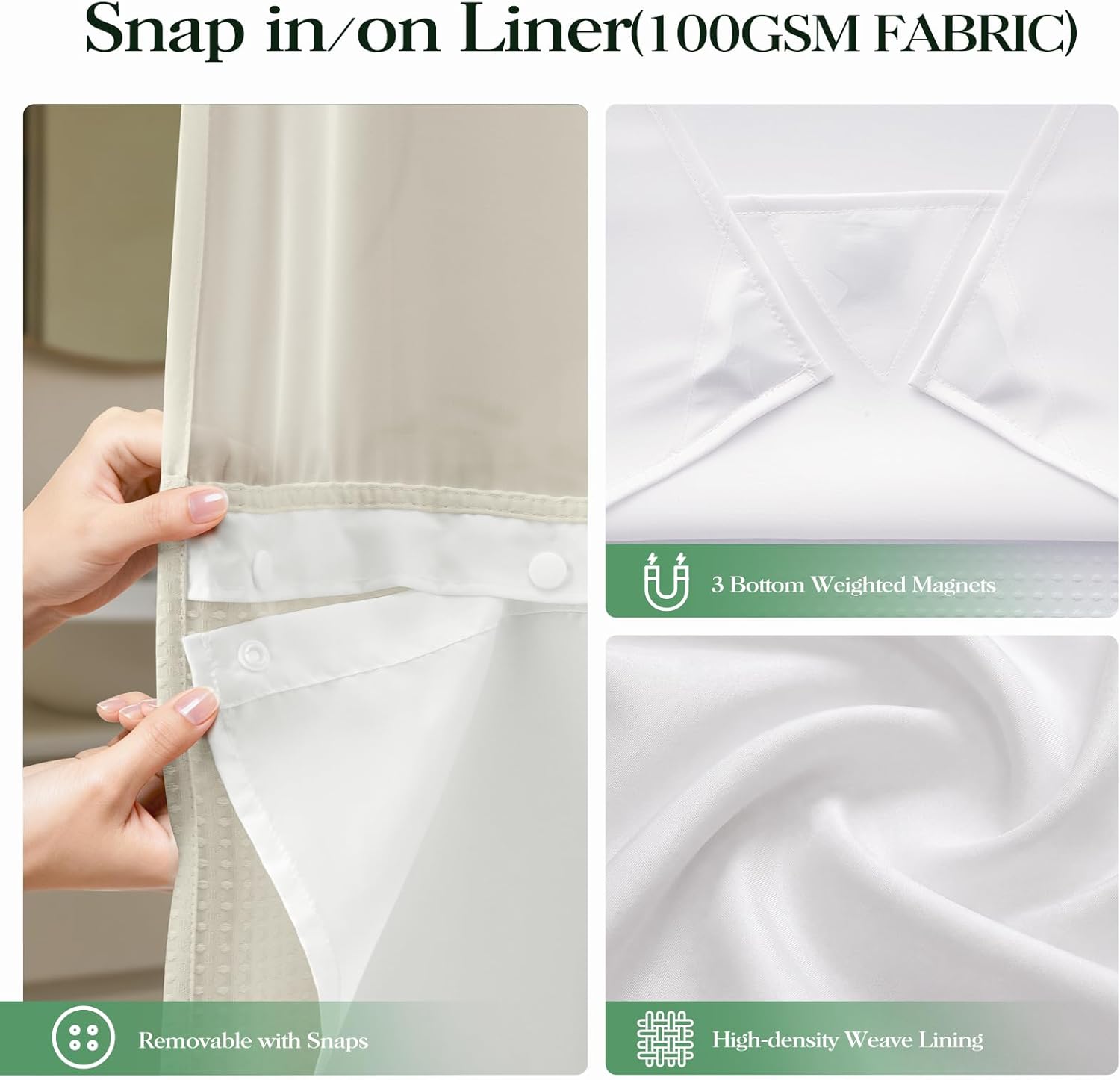 Dynamene Cream Hook Free Shower Curtain & Snap in Fabric Liner with Magnets, Waffle Weave Shower Curtains for Bathroom, Mesh Top Window, Less Time 3 in 1 Shower Curtain and Liner Set, 72" W x 75" L