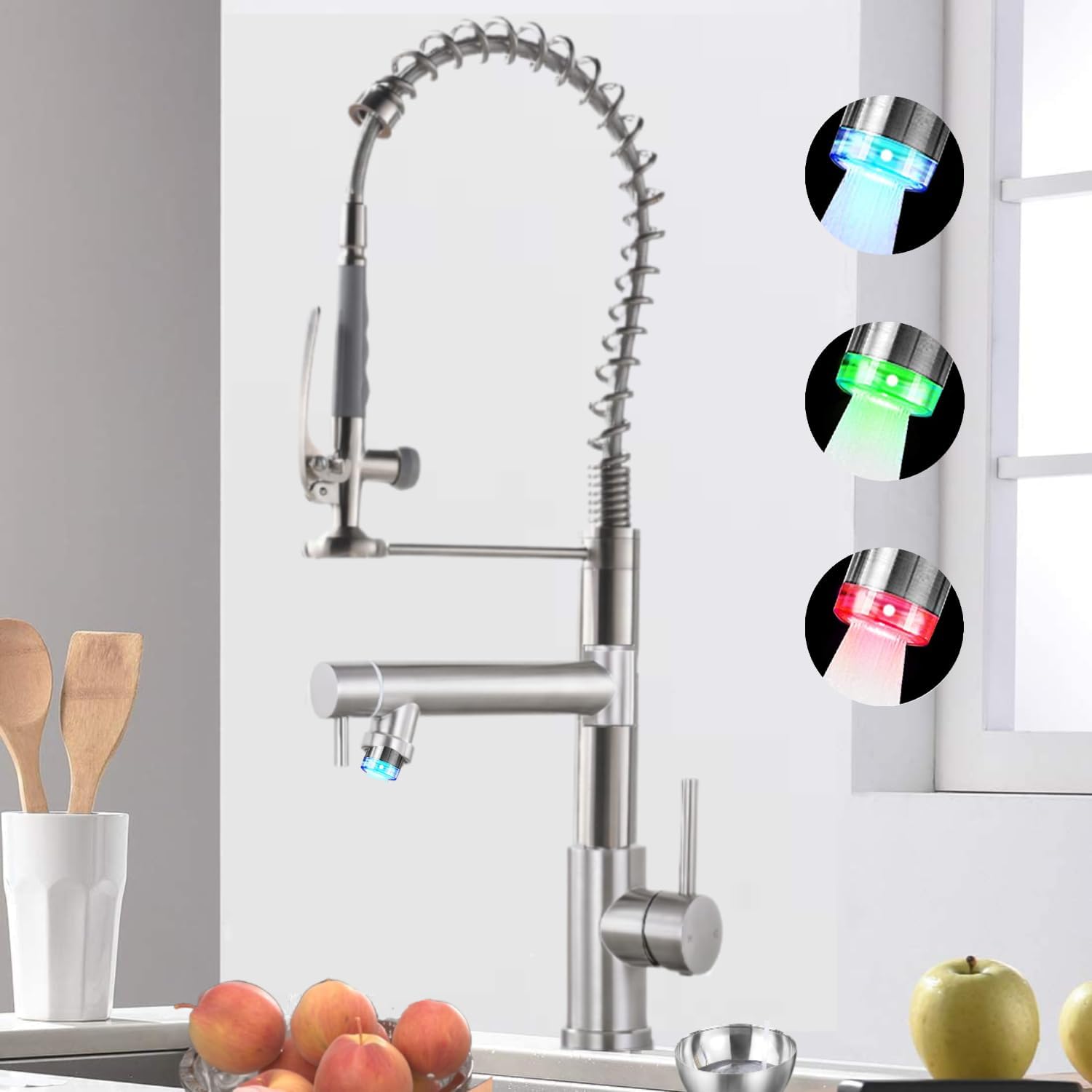 VIDEC KW-68J Smart Kitchen Faucet, 3 Modes Pull Down Sprayer, Smart LED For Water Temperature Control, Ceramic Valve, 360-Degree Rotation, 1 Or 3 Hole - View #10