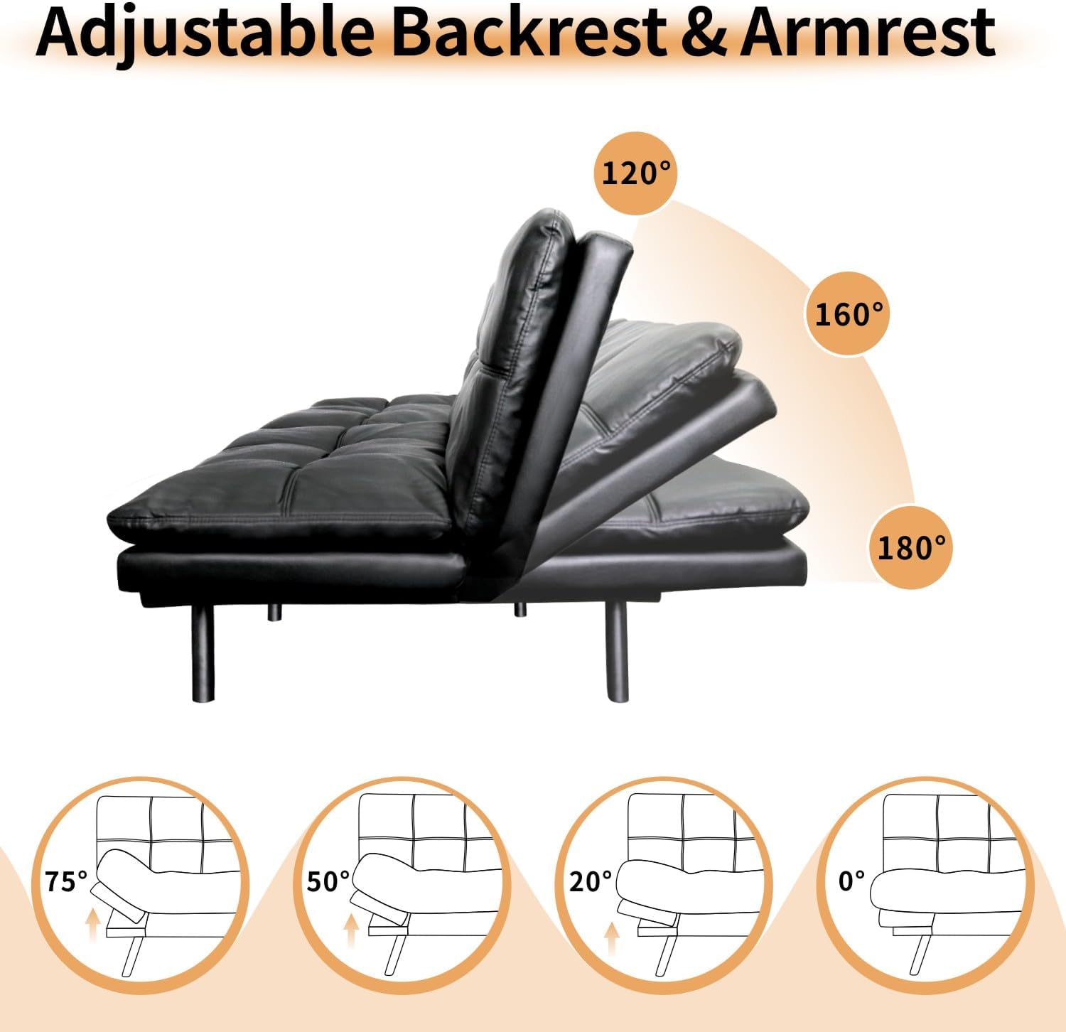 MUUEGM 71" Convertible Futon Sofa Bed, Adjustable Backrest & Armrest Couch, Comfortable Sleeper Loveseat with Faux Leather, Ideal for Small Space Living Room, Apartment, Office, Black