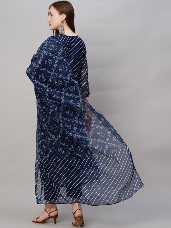 Pinkmint Women Cotton Blend A-Line Printed Kurta With Pant & Dupatta Blue