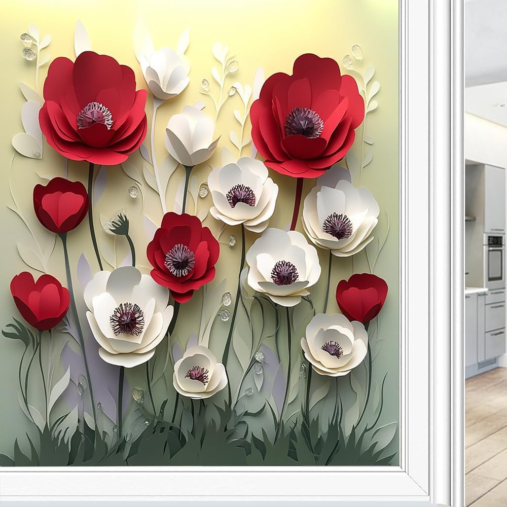 Watercolor Poppy Frosted Window Privacy Film, Abstract Beautiful Flower Painting Window Glass Covering, Adhesive Window Sticker Decals for Home 35.4Wx63L inch
