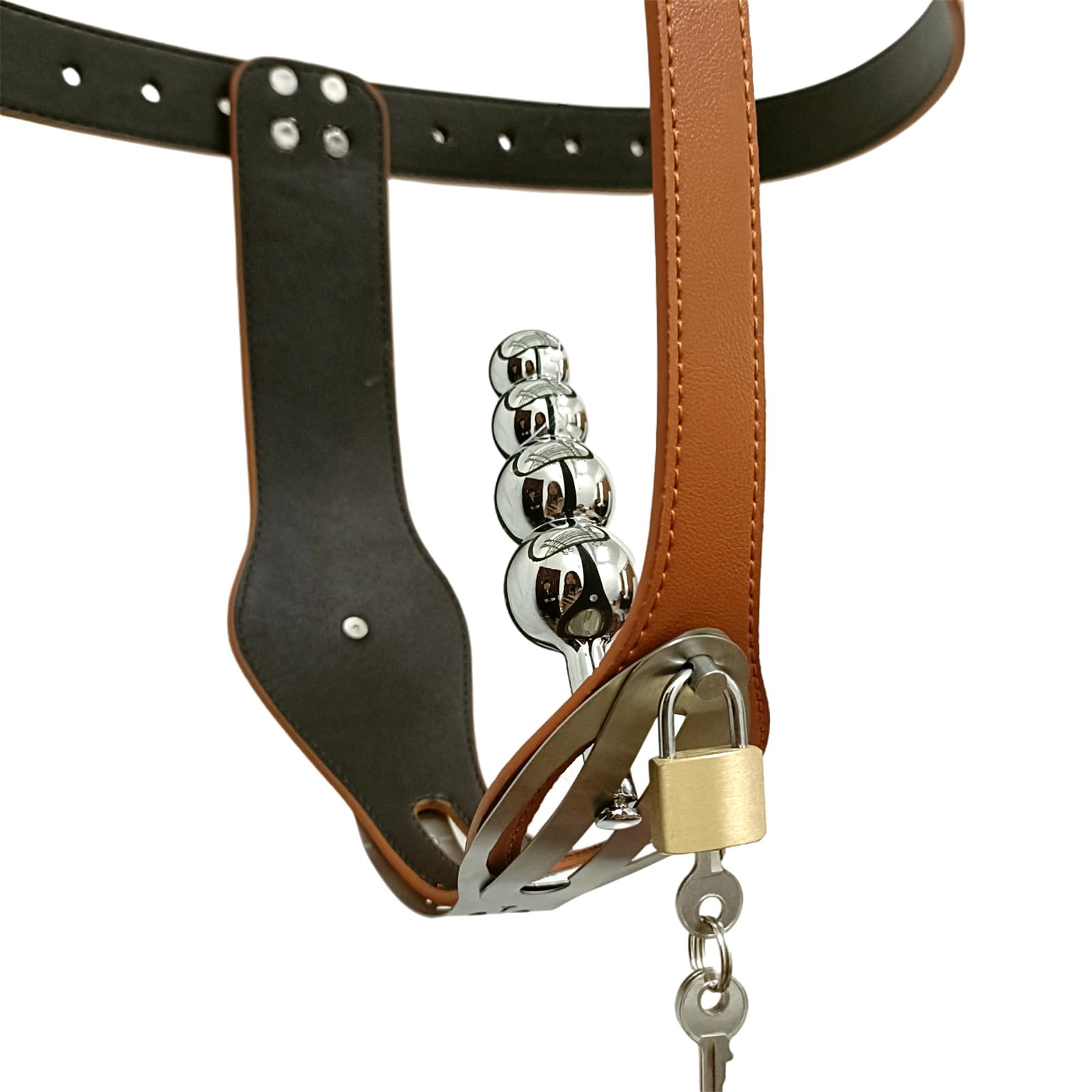 Ceinture de chasteté verrouillable for femme avec 2 serrures et plug anal à 4 boules, culotte de chasteté en cuir verrouillable, cage de chasteté confortable SM bondage sex toy for femme(Brow