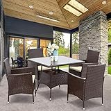 Wisteria Lane 5 Piece Outdoor Patio Dining Set, Wicker Glassed Table and Cushioned Chair, Umbrella Cut Out,Brown