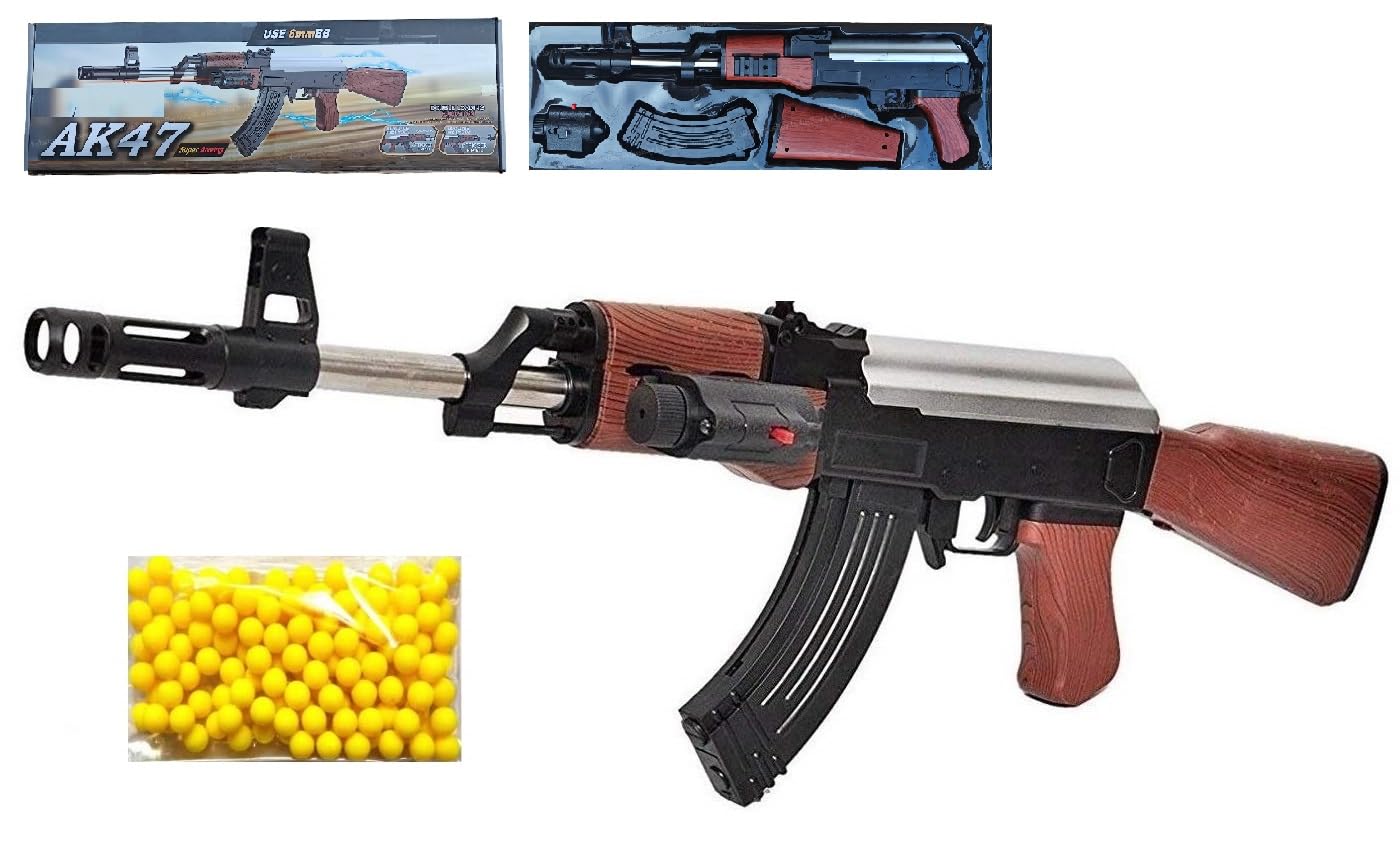 IndusBay® 24 Inches AK47 Toy Gun with 100 Pieces 6 MM Plastic BB Bullets, 2 in 1 Loading Mechanism AK47 Toy Gun in Secure Box Packaging, Brown