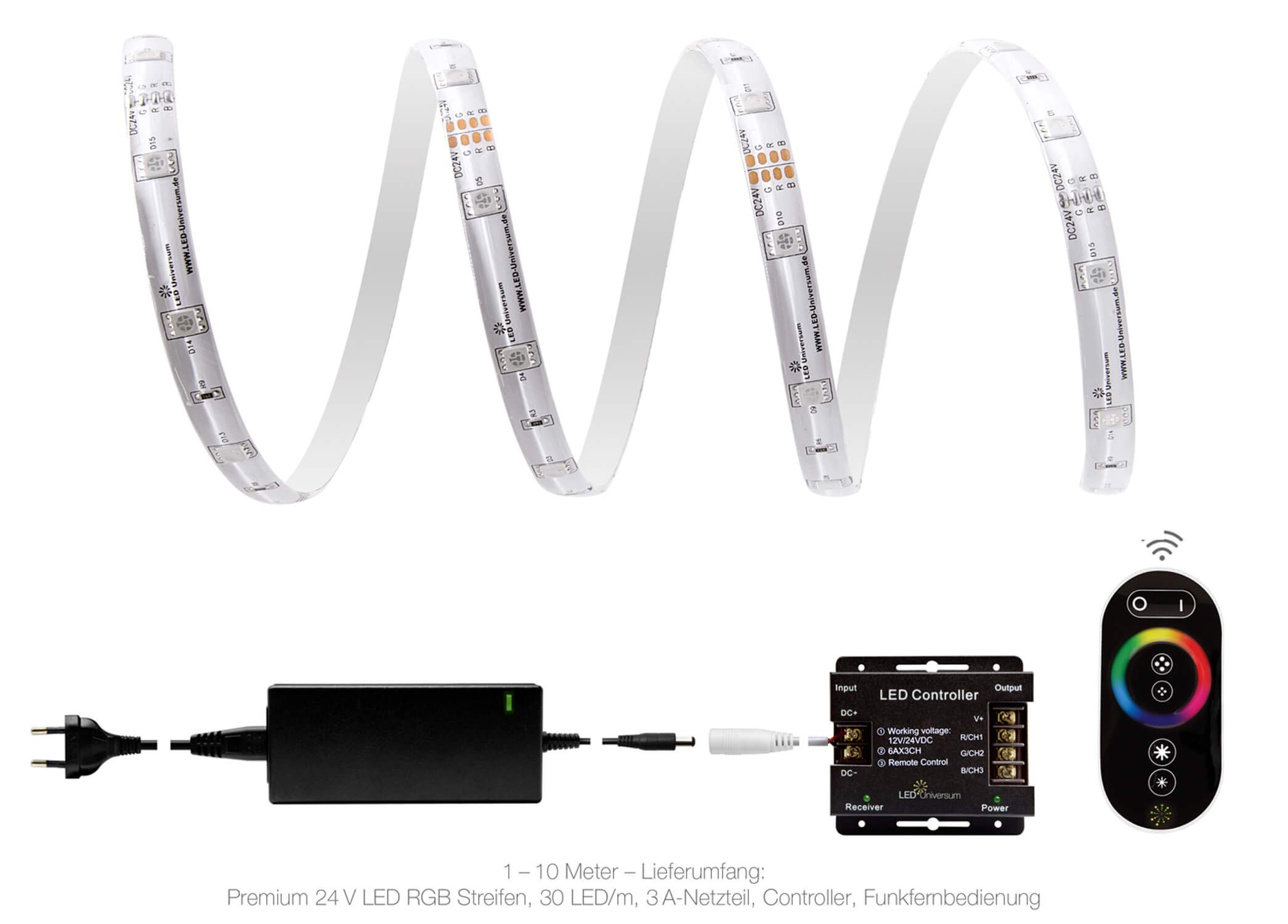 10 metros en la pieza con mando a distancia: tira LED RGB profesional (30 LED/m, IP65, 24 V), controlador y fuente de alimentación de 3 A.
