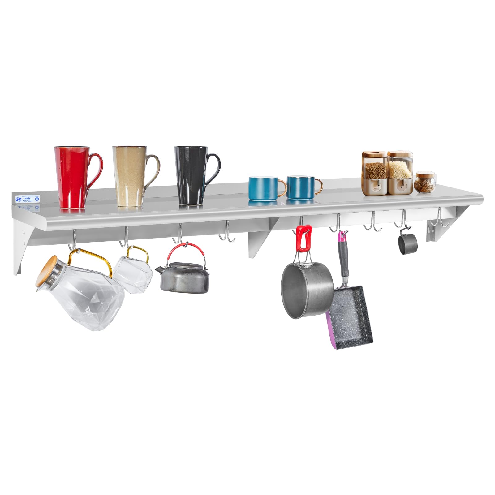 Hally Stainless Steel Shelf with 9 Hooks 12"x72" Wall Mounted Pot Rack NSF