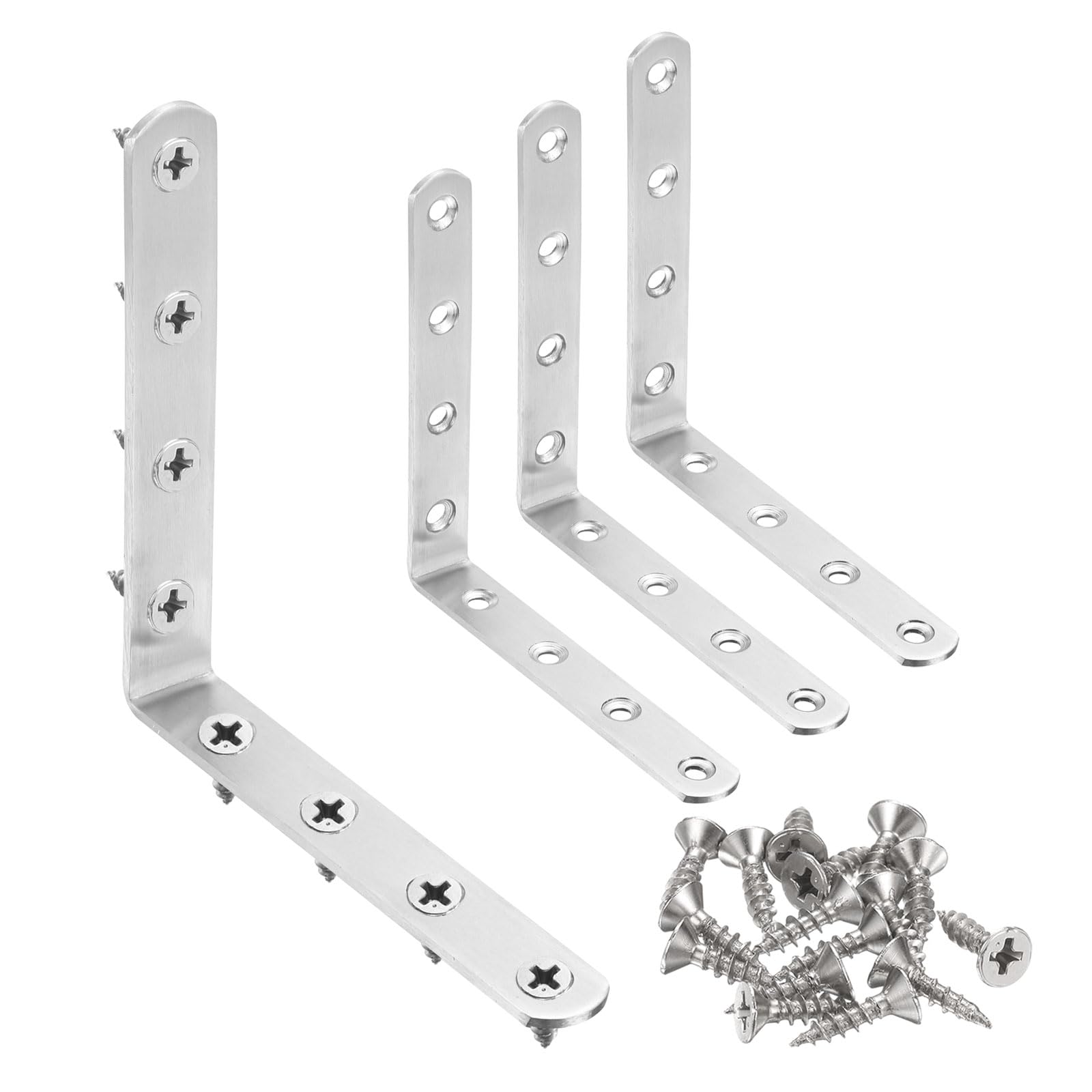 sourcing map 4pcs L-Shaped Corner Bracket 4.9" x 4.9" x 0.8" Stainless Steel 90 Degree Angle Brace Joint Right Corner Fastener with 32 Screws for Shelves Cabinet Chair Drawer, Silver