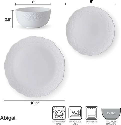 Miniatura 4 de Mikasa Abigail Bone China - Juego de vajilla ligera de 12 piezas resistente a las astillas, servicio para 4, color blanco