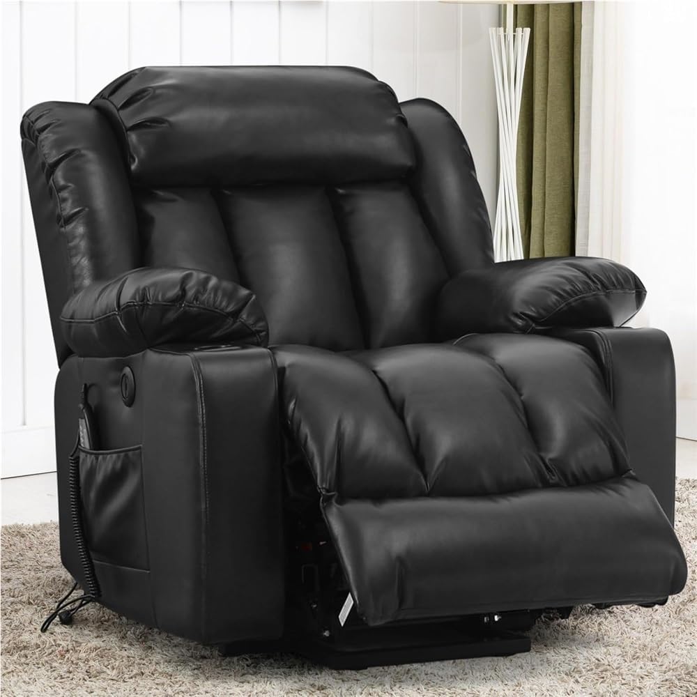 Black Electric Power Lift Recliner Chair for Seniors Large Ergonomic Oversized Sofa with Heat Massage Remote USB Ports and Side Pockets