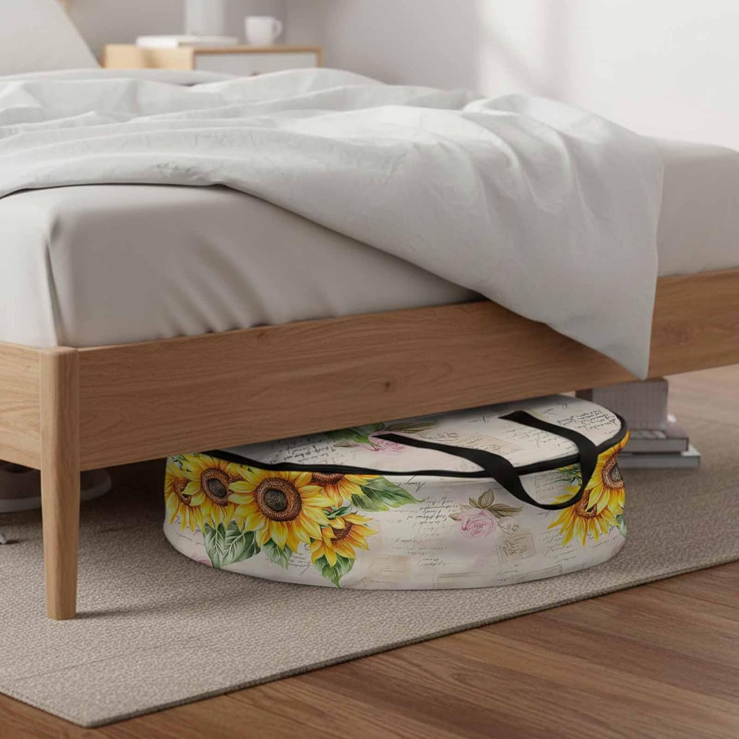 Rustic Sunflower Round Storage Bag 36 Inch, Country Floral Pastoral Retro Letter Texture Clothes Storage Container with Handles Heavy Duty Organizer for Comforter, Bedding & Holiday Wreaths