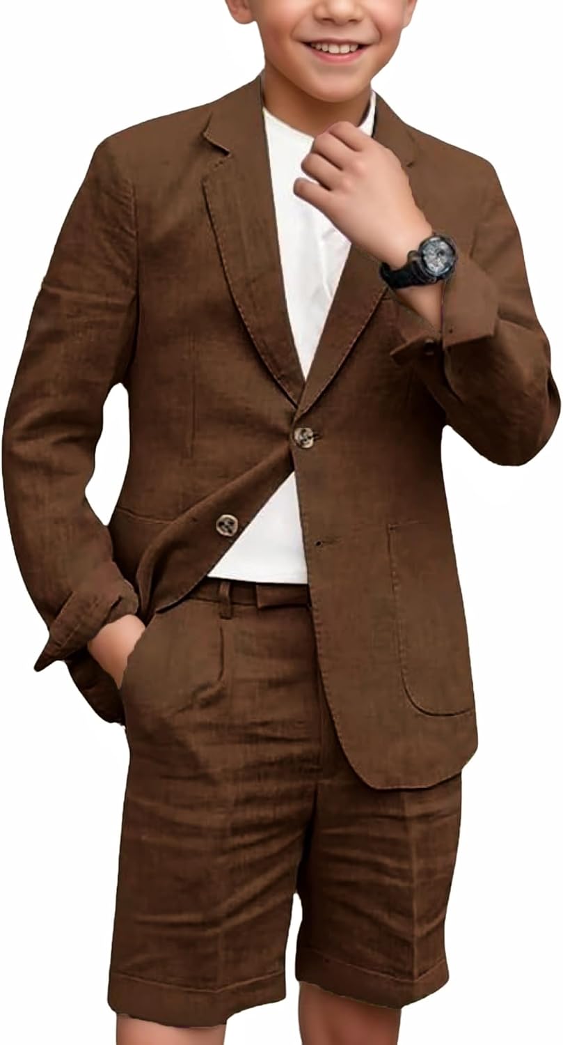 2 Pieces Boys Linen Suit Set Kids Teens Summer Casual Beach Wedding Party Birthday Tuxedo Jacket Pants