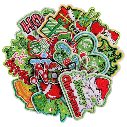 12PCS Christmas Iron on Patches Green Christmas Embroidery Patches for Clothing Backpacks Decoration and DIY