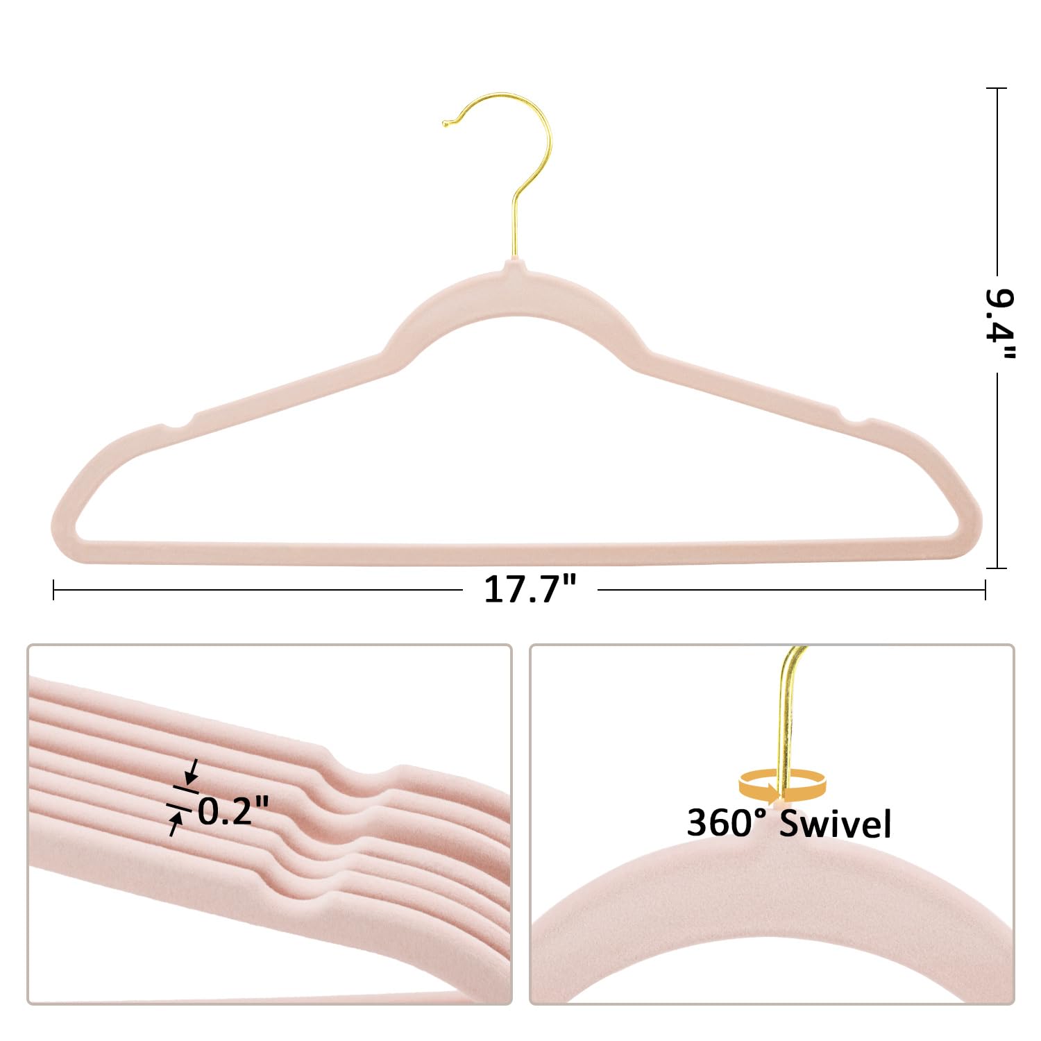 Samt-Kleiderbügel, 30 Stück, mit 360° drehbarem goldfarbenem Haken, rutschfest und platzsparend, 0,5 cm dick, 45 cm lang, für Mantel, Hemd, Kleid, Hosen – Rosa