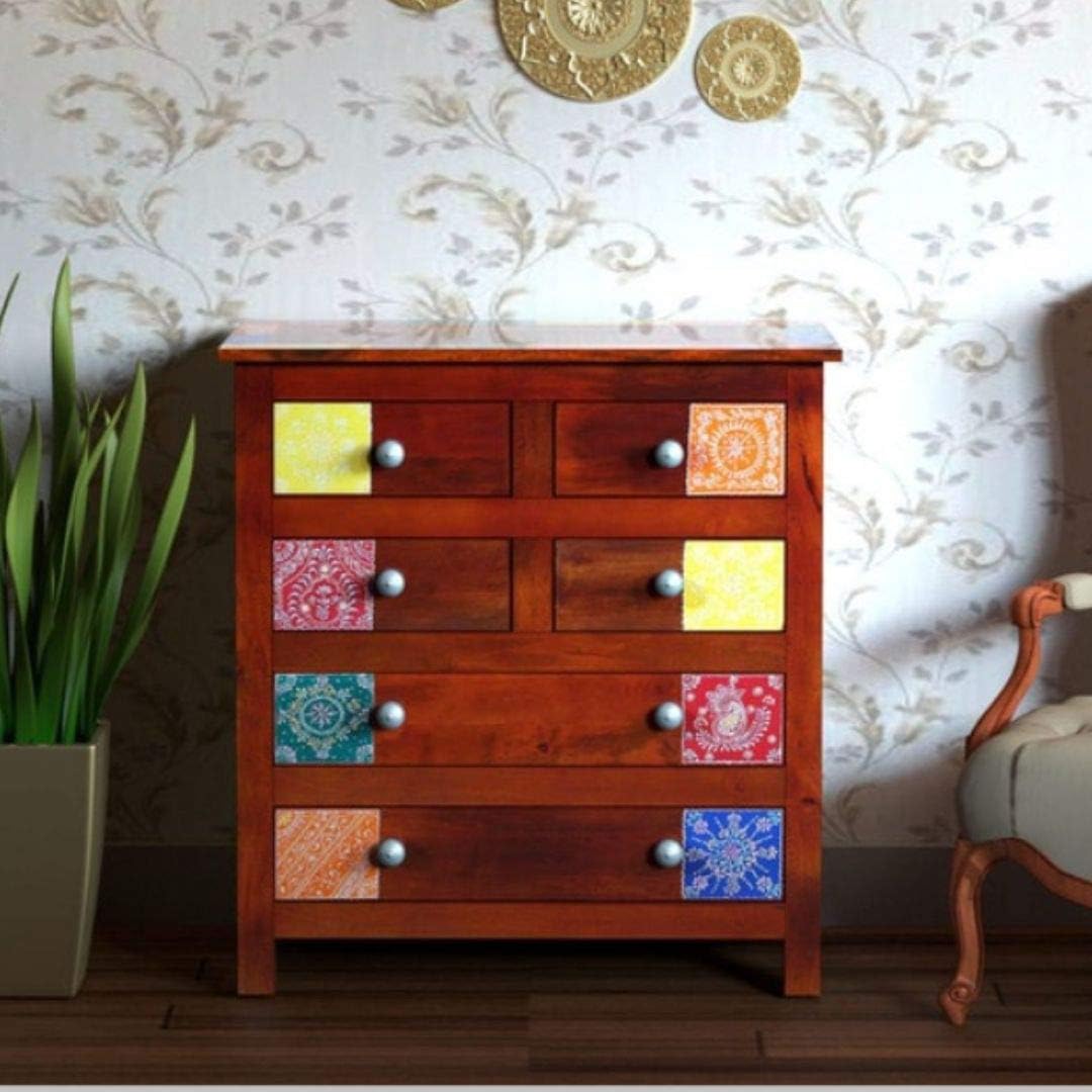 APRODZ Wooden Chest of Drawer with Painted Tiles Design | 6 Drawers | Wooden Storage Furniture | Brown Finish | Style 2-image-21