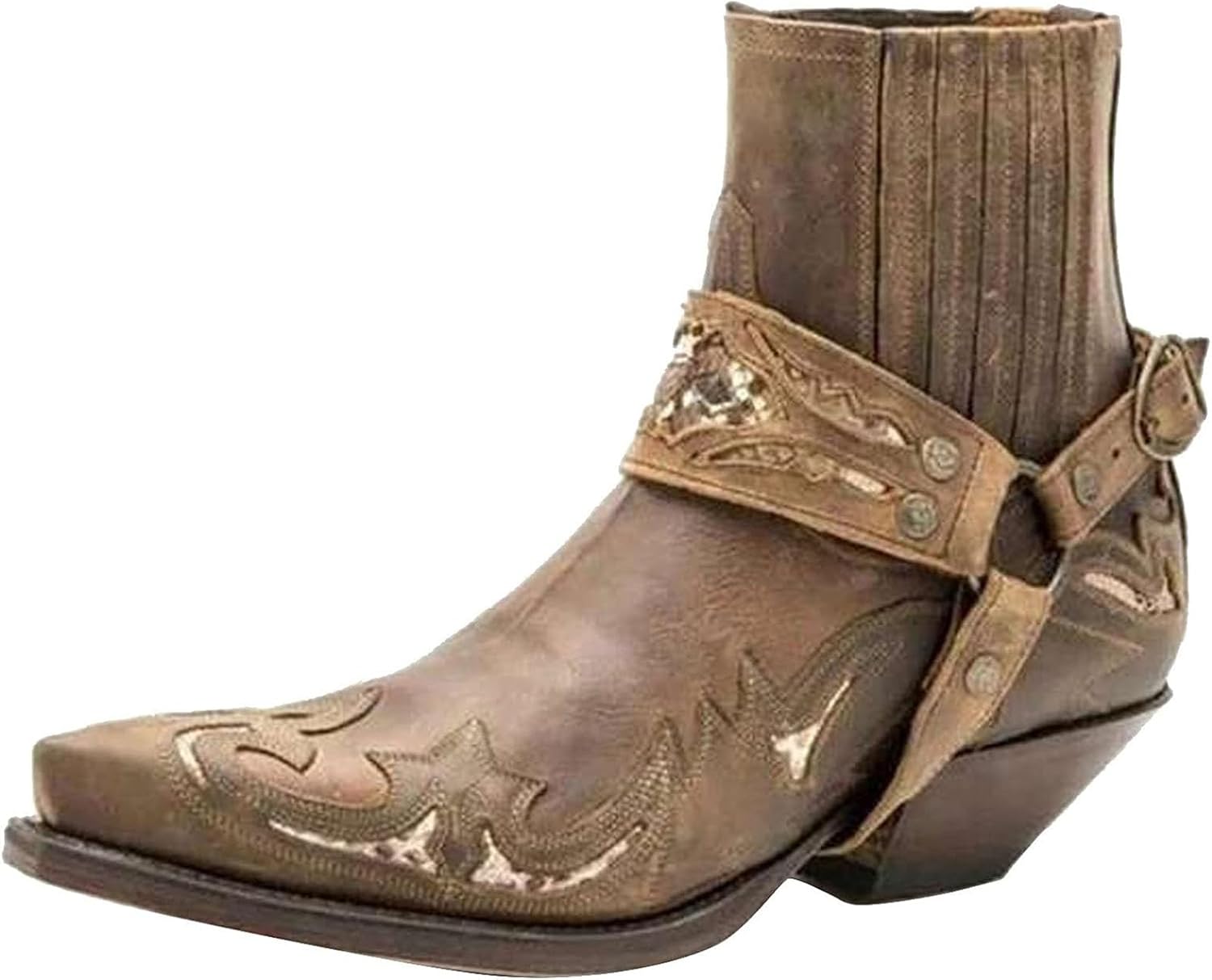 [ミスCH-88] メンズオートバイブーツウエスタンカウボーイアンクルブーツレトロポインテッドトゥローヒールレザーバイカーブーツホー