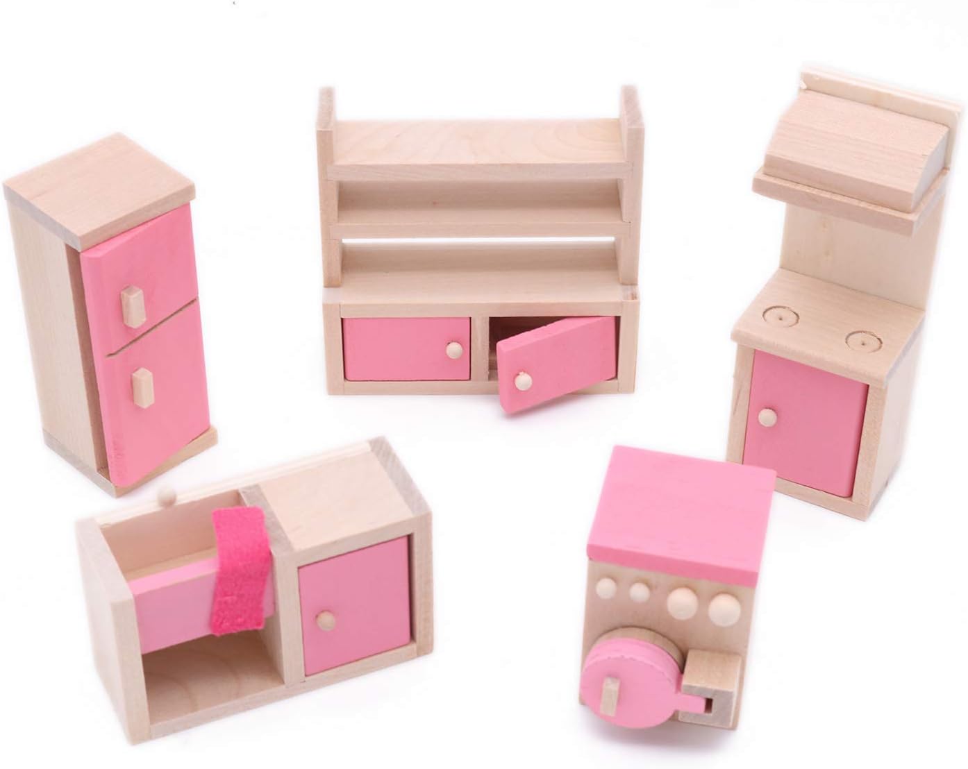 POFET Wooden Doll House Furniture Set Toy for Baby Kids Children Fridge Sink Cupboard Stove Washing Machine Kitchen Room