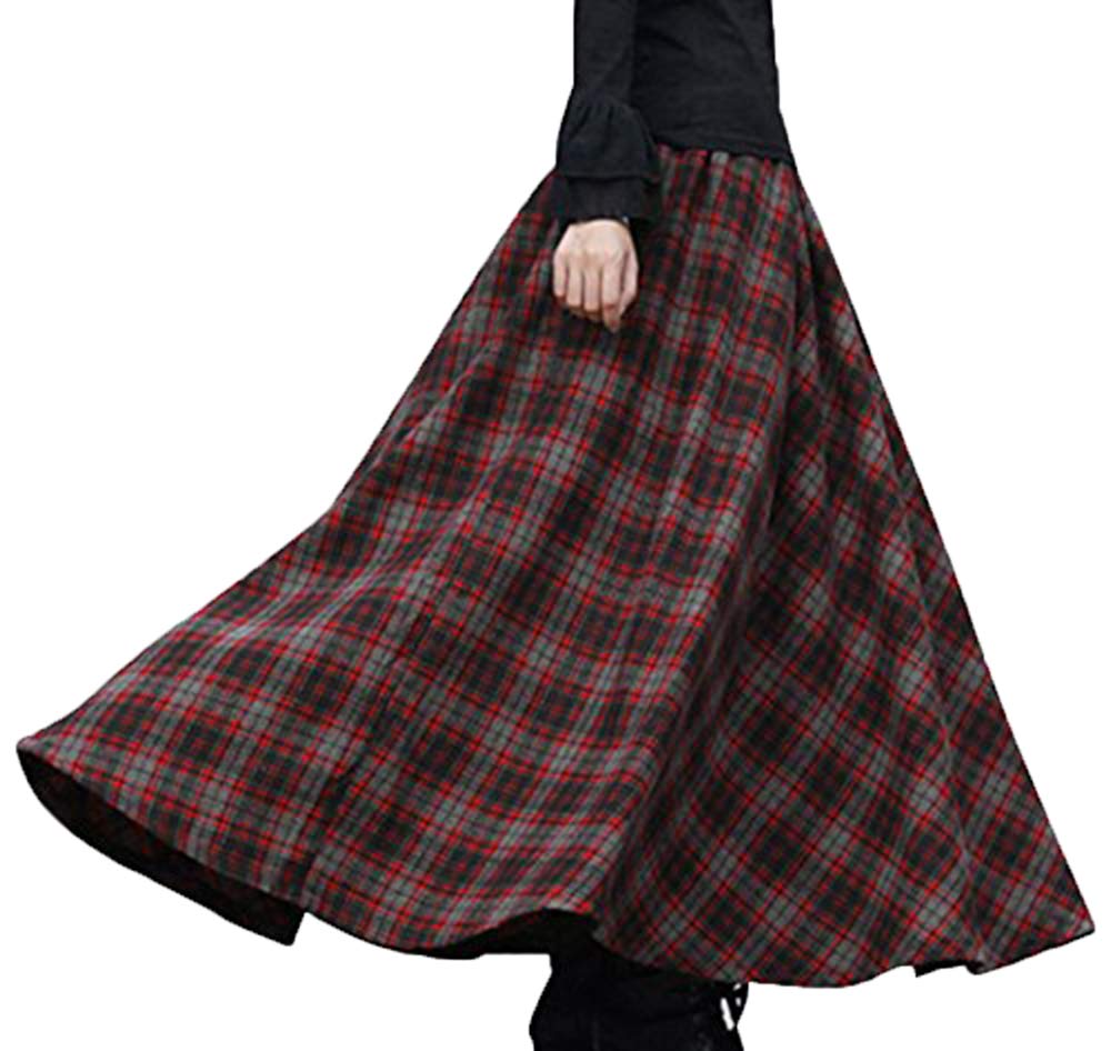 Damen Dicker Vintage Plaid Faltenrock Herbst Winter Lange Röcke
