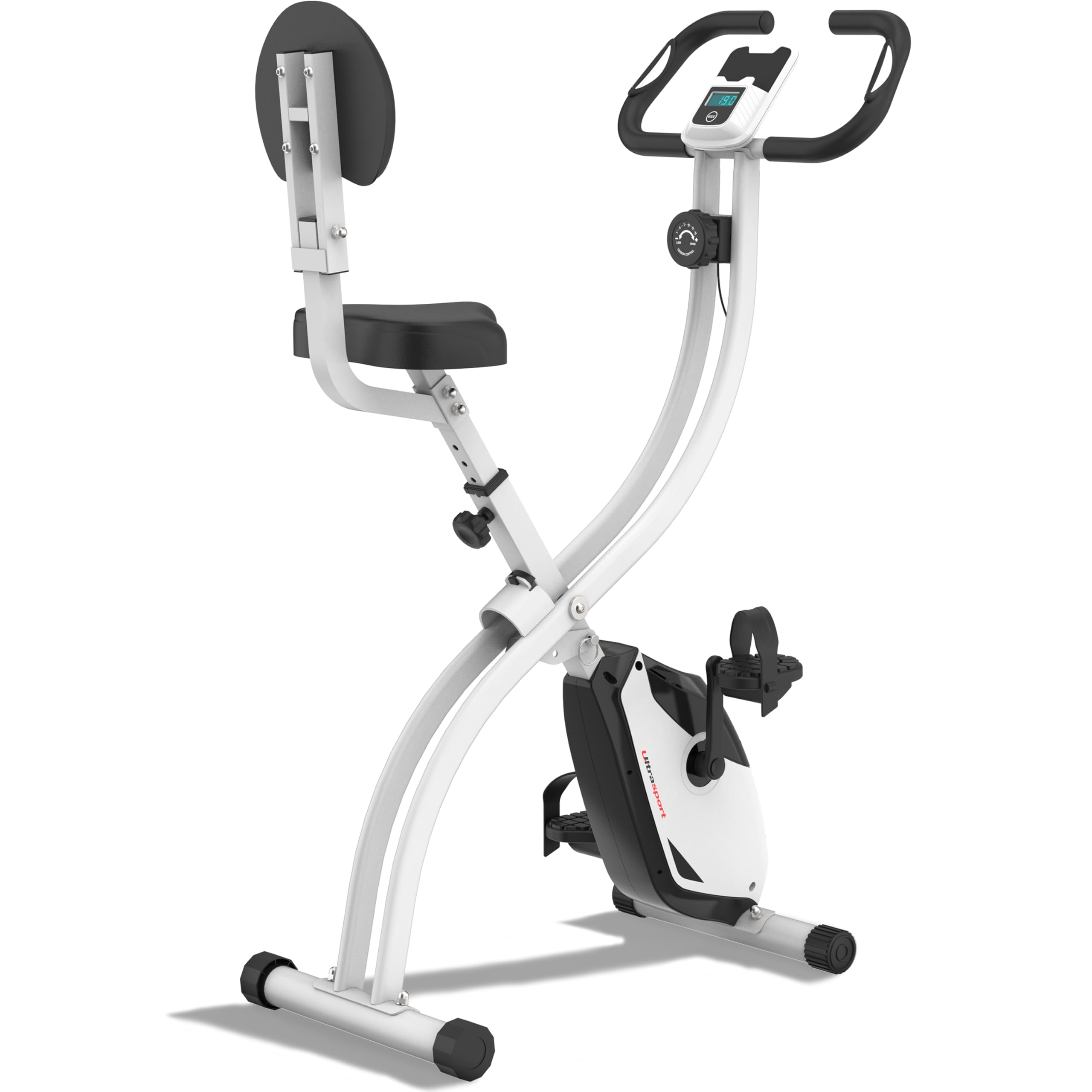 Ultrasport F-Bike 200B, entrenador bicicleta, bicicleta estática plegable, con respaldo,computadora entrenamiento LCD,peso máximo 110 kg,medición frecuencia cardíaca,8 niveles resistencia, Rosa/Blanco