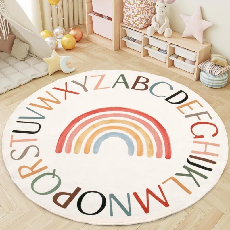 Poowe Nursery Rug Round Rainbow Classroom Rugs Elementary, Non-Slip Rainbow Mats for Girls Room,Learning Carpet for Kids Playroom, Circle Play Mat for Toddlers-39.4"