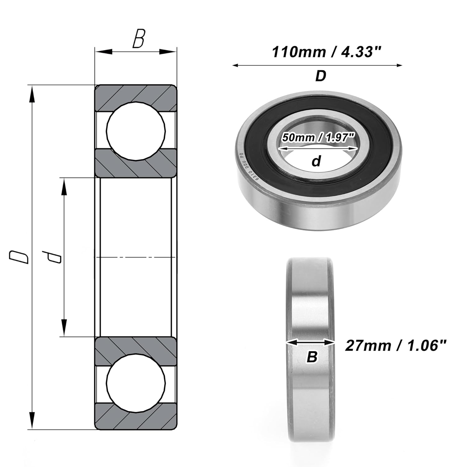 ACROPIX 6310DDU Deep Groove Ball Bearings P0 50x110x27mm Lubricated Bearings Double Rubber Seal Black Silver Tone Scooter Skateboard Wheel