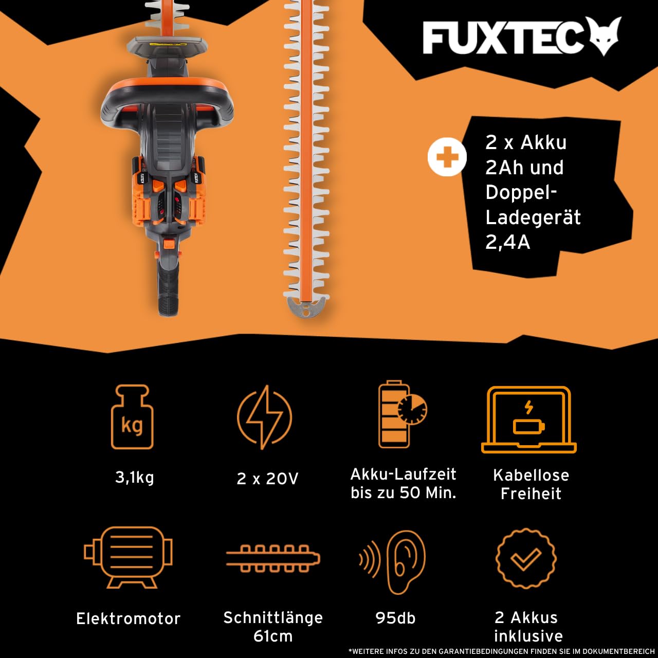 FUXTEC 40V Akku Heckenschere FX-E2HSSET • 61cm Schnittlänge • 26 mm Schnittstärke • 2X 20V Li-Ion Akku • Drehbarer Griff • Elektrische Bremse • Heckentrimmer für Sträucher und Hecken