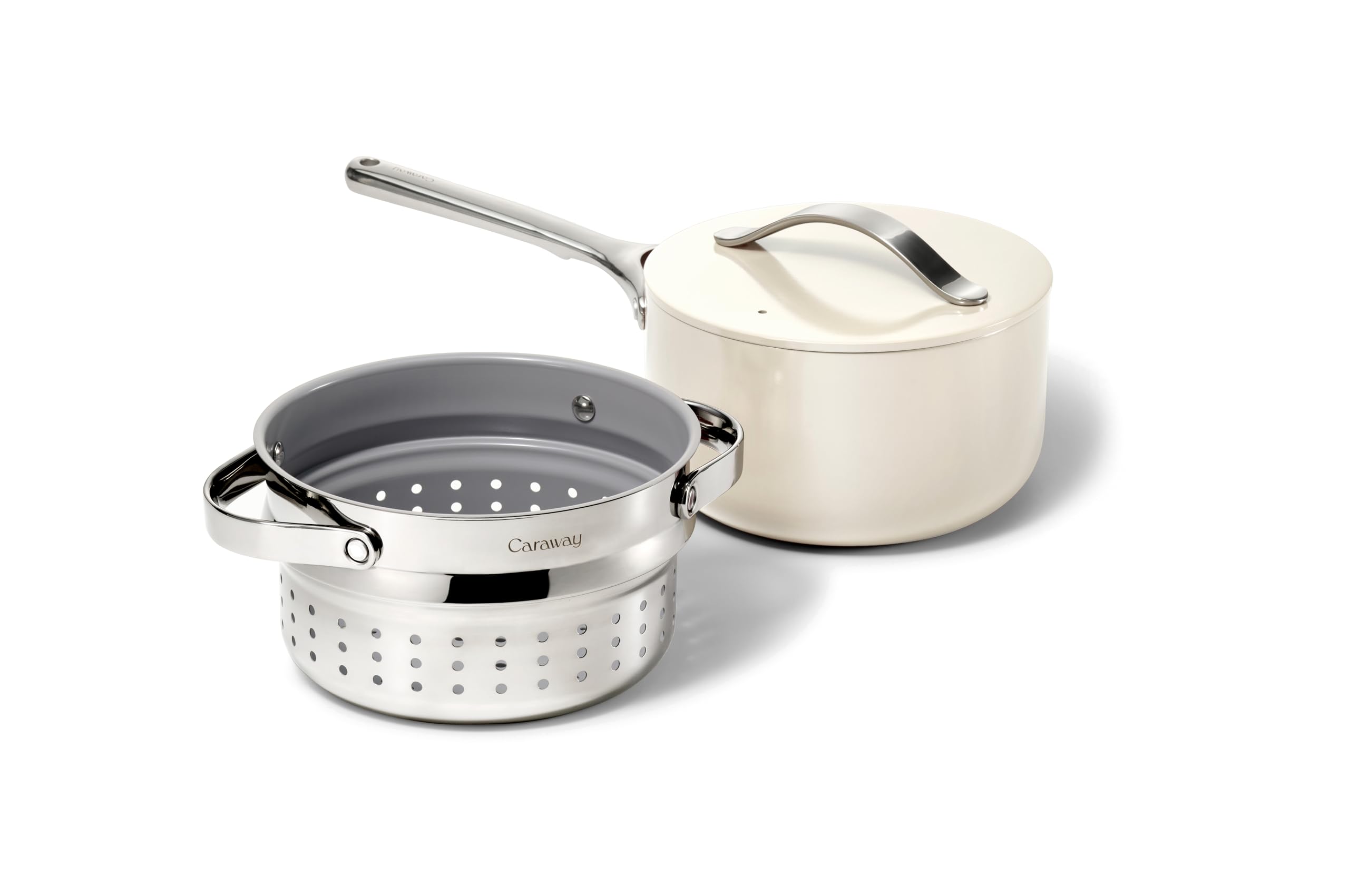 Caraway Nonstick 3 Qt Ceramic Sauce Pan with Lid & Steamer - Non Toxic, PTFE & PFOA Free - Oven Safe & Compatible with All Stovetops (Gas, Electric & Induction) - Cream