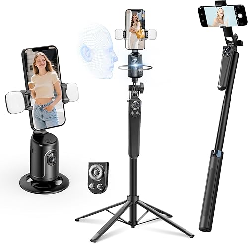 Trípode para selfie con seguimiento automático de rostros para iPhone con luz, rotación de 360° que sigue tu movimiento, soporte de trípode de