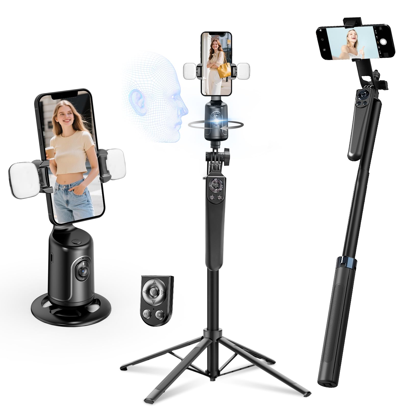 Auto Face Tracking Selfie Stick Tripod for iPhone with Light 360 Rotation That Follows Your Movement 70 9