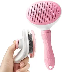 Escova Autolimpante Rasqueadeira Tira Pelos para Gatos e Cães de Pelo Longo – Removedora de Pelos com Botão de Limpeza, Cerdas Encapadas Seguras e Cabo Ergonômico Antiderrapante (Rosa)