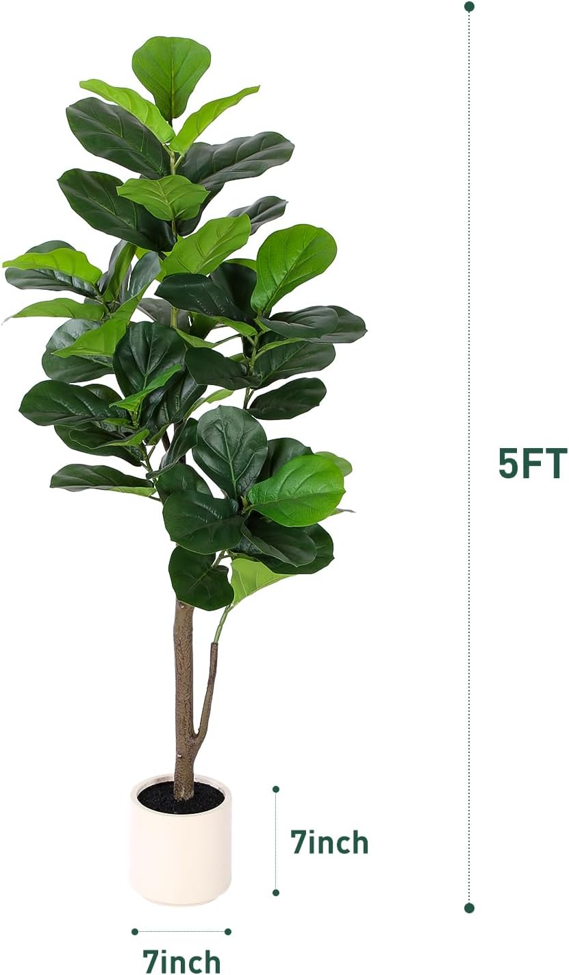 Artificial Fiddle Leaf Fig Tree 5FT with Planter Faux Trees Indoor Tall Artificial Tree, Stable Base, 58 Realistic Leaves, for Indoor/Outdoor Home Office Living Room Decor, Housewarming Gift