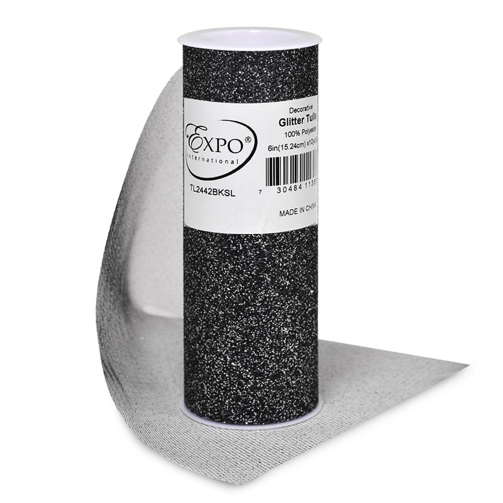 Expo International Decorative Glitter Tulle, Roll/Spool of 6” X 10 Yards, Lightweight Polyester Tulle Fabric for Costumes, Wedding, and Party Decorations, Washable, Easy-to-Use, Black/Silver