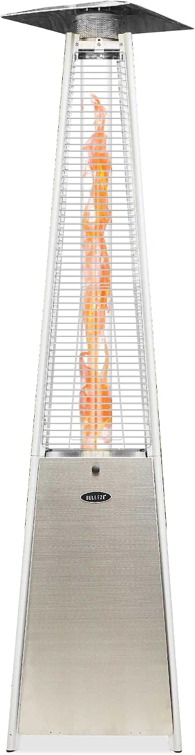 BELLEZE 42,000 BTU Gas Outdoor Pyramid Patio Heater with Tall Dancing Flame, Piezo Ignition System and Wheels For Smooth Mobility and LP Propane Heat CSA Certified - Stainless Steel