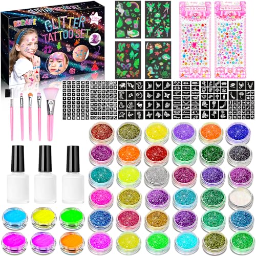RDDAIPE Kit Tatouage Paillettes Enfant, 42 Couleurs Kit Tatouage Enfant, Tatouage Temporaire à Paillettes, 219 Pochoir, 4 Tatouage Fluorescent, Filles Anniversaire Carnaval Halloween Cadeau de Noël