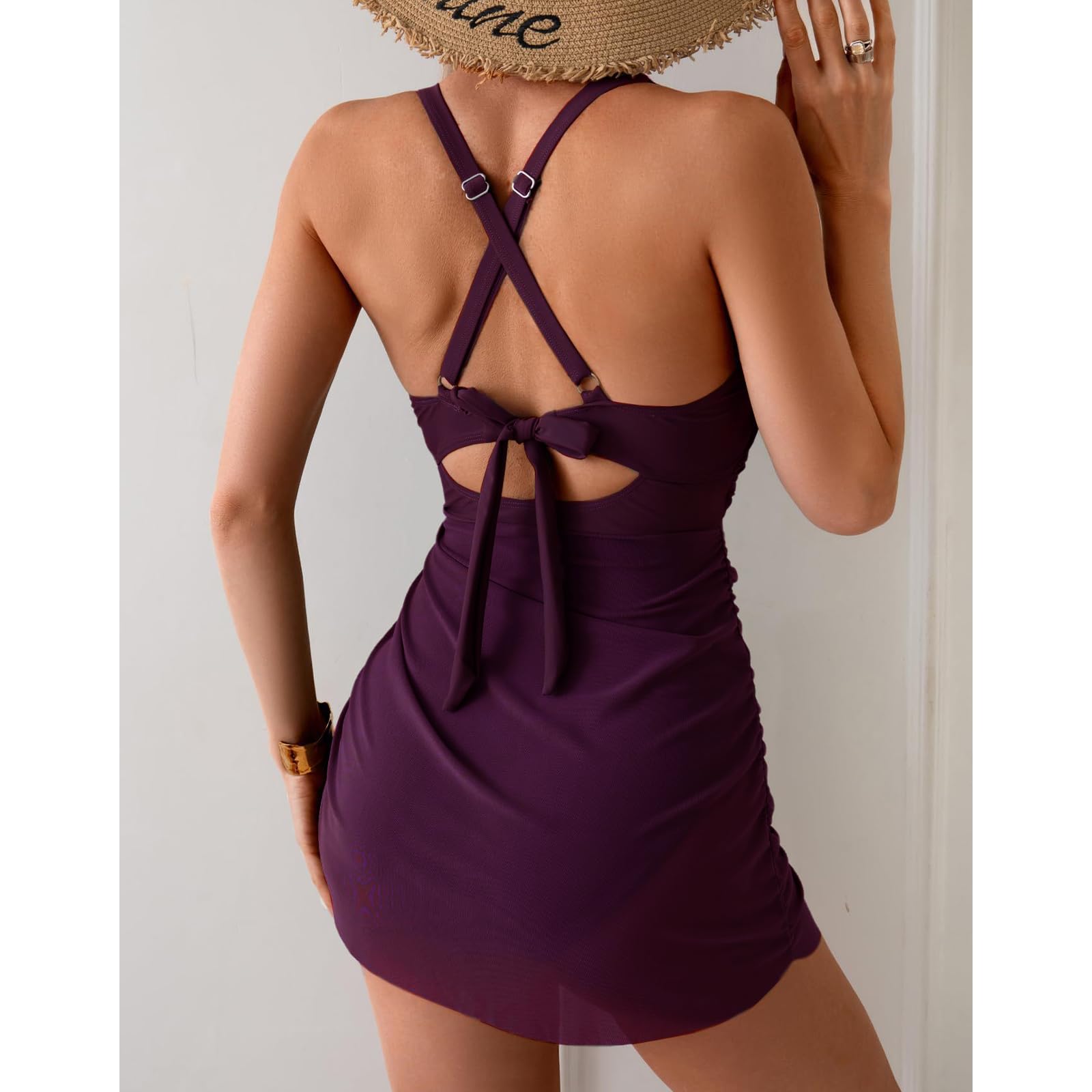 OUSIMEN Traje de Baño Mujer de Una Pieza Cuello en V Escote en la Abdomen Bañador Fruncido Monokini