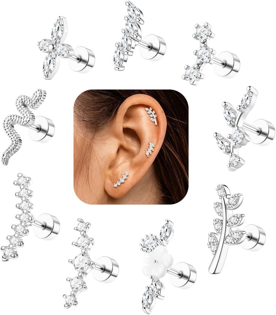 Cartilage Earrings for Women Flat Back - Hypoallergenic Surgical Stainless Steel Stud Earring Set for Sensitive Ears CZ Daith Conch Tragus Helix Piercing Jewelry 9Pcs 16G 18G